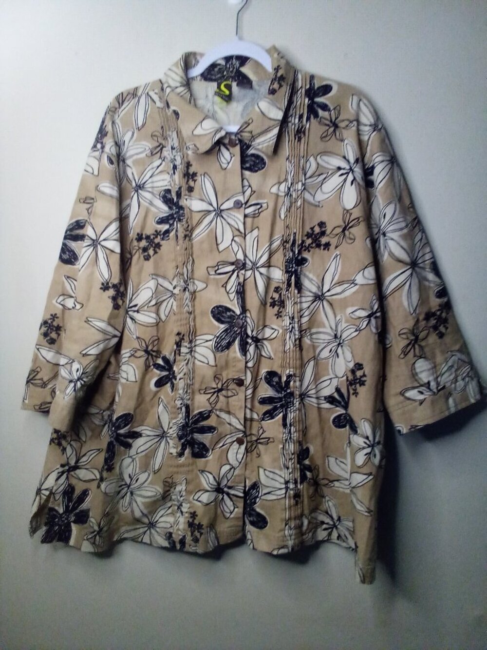 Spartelle Shirt Women 3X 3/4 Sleeve Button Up Linen Blend Floral Brown Black